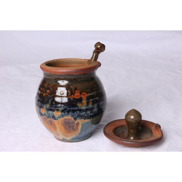 Vtg 1979's Handmade Blue & Brown Glazed Ceramic Honey Jar With Lid And Honey Dip - Picture 2 of 10